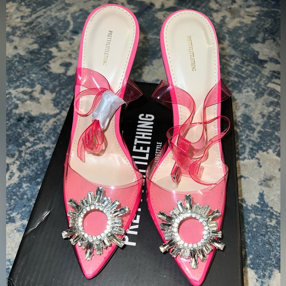 PLT Pink Diamante Detail Clear Strap Cake Stand Courts Heels